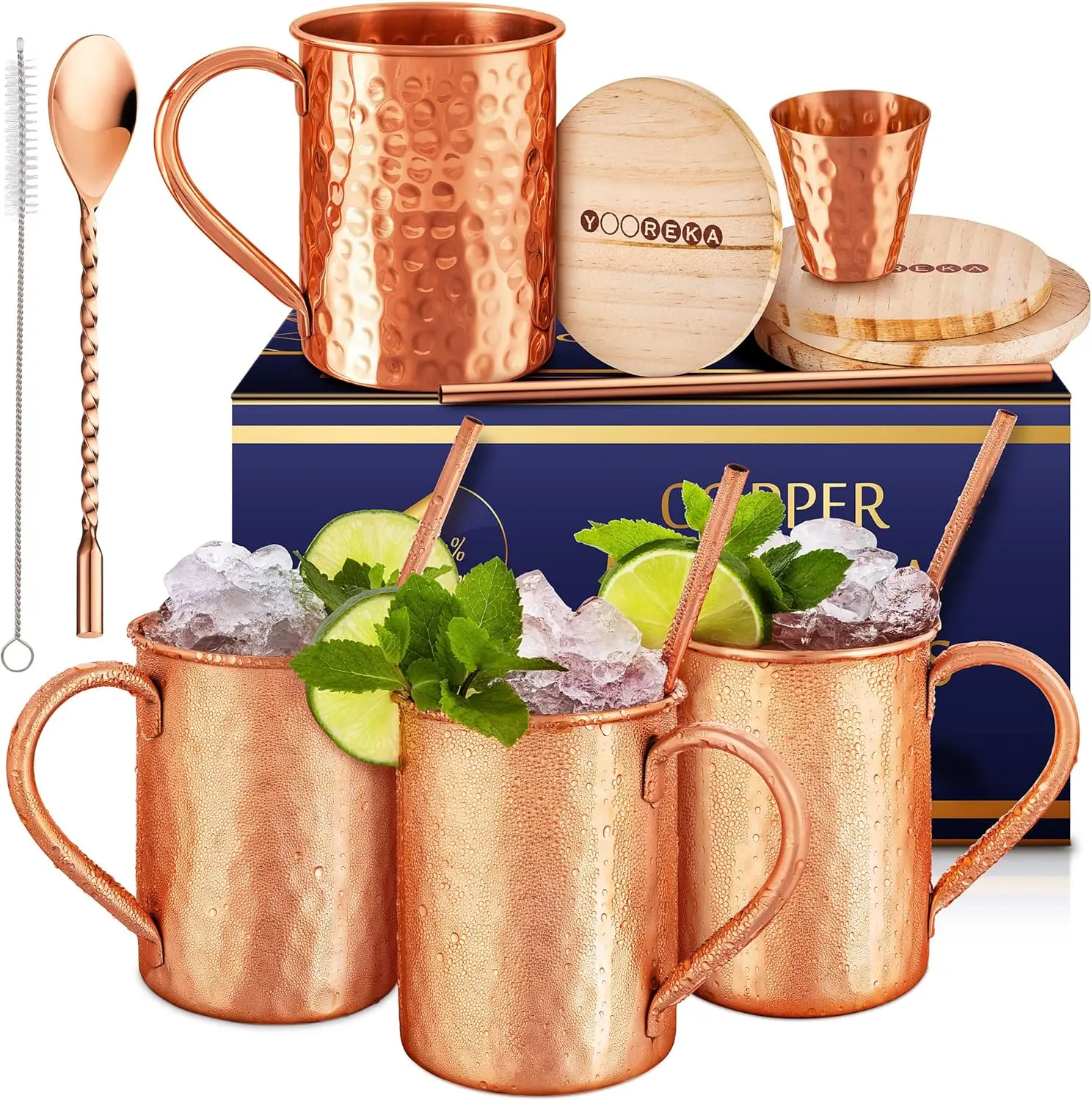 

Handcrafted Copper Moscow Mule Mug Set of 4 with Straws, Coasters, Spoon & Shot Glass