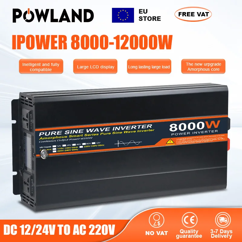 POWLAND Inverter Auto ad Alta Potenza 5KW 8KW 12KW, Onda Sinusoidale Pura, 50Hz/60Hz, Presa EU, da DC 12V a AC 220V 230V, Inverter per Veicoli con LED