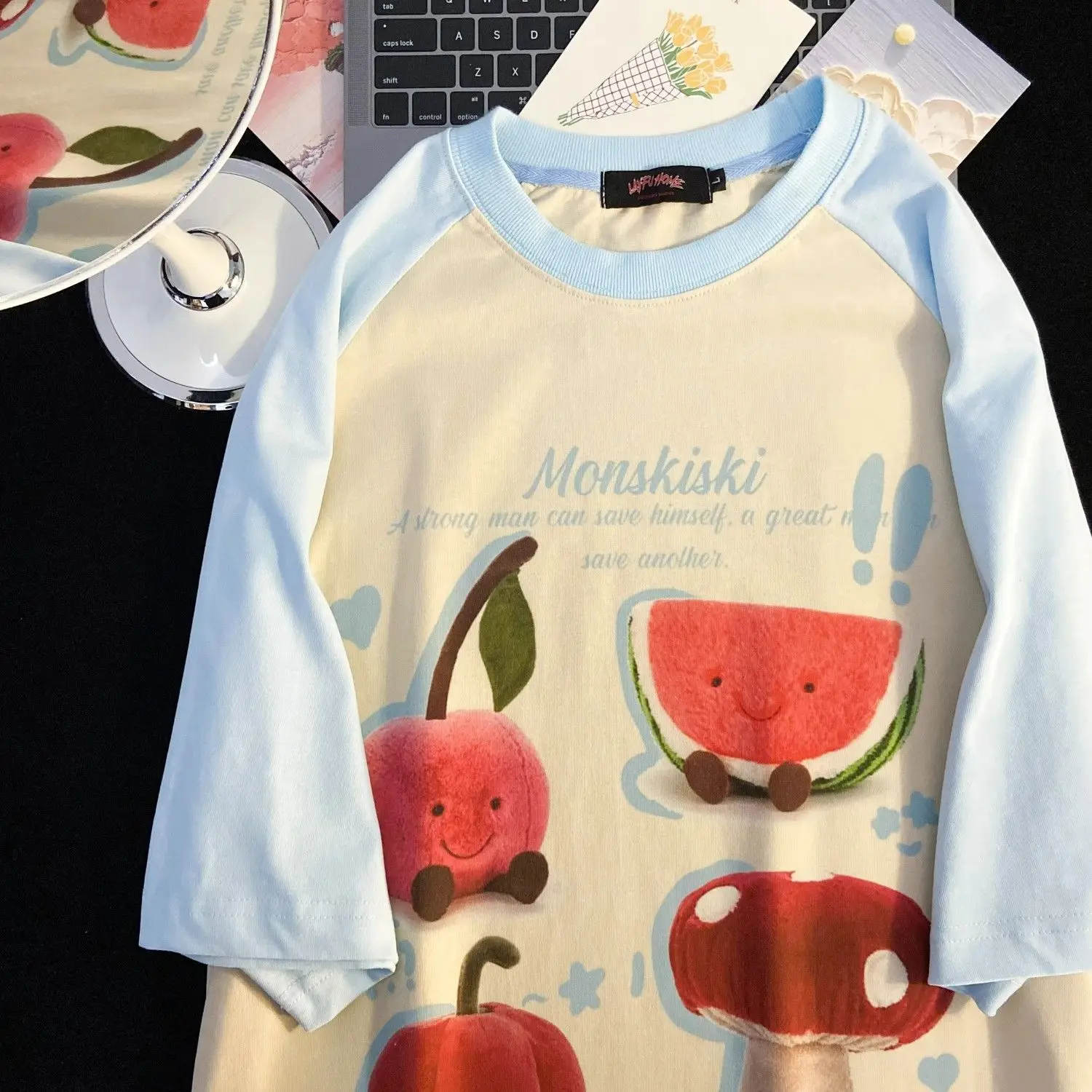 Creative Personality Cute Fruit Print Raglan Sleeve Stitching Design Niche T-Shirt Female Summer New Couple Women Men 2023 New