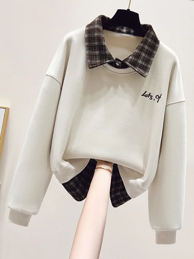 Thiened Fce Damen Ne Sweatshirt Loose Fit Herbst Winter Casual Sle Patchwork Design Original Muster Baumwolle P...
