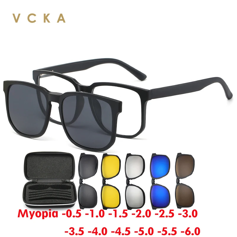 VCKA 6 in 1 Retro Polarized Myopia Sunglasses Prescription Glasses Frame Men Women  Magnet Clip Set Mirror Eyewear -0.5 to -6.0