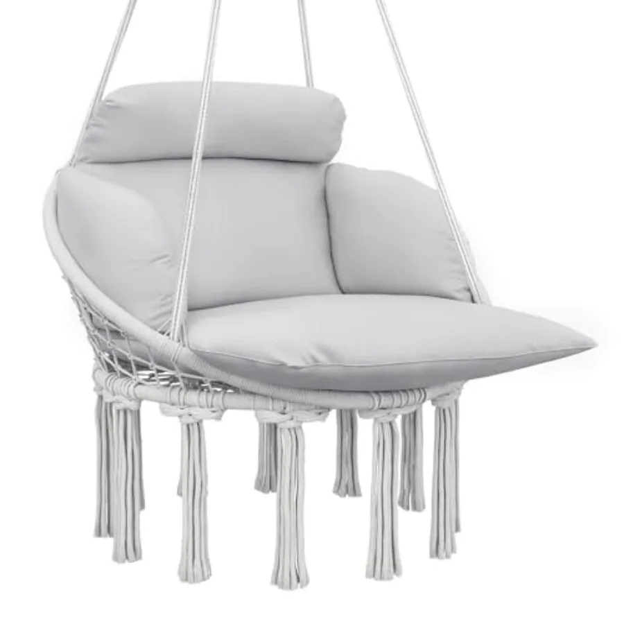

Outdoor Hanging Chair with Large Cushion Cotton Rope Weaving Macrame Swing Chain 265 LBS Capacity Gray for Indoor Outdoor Bedro