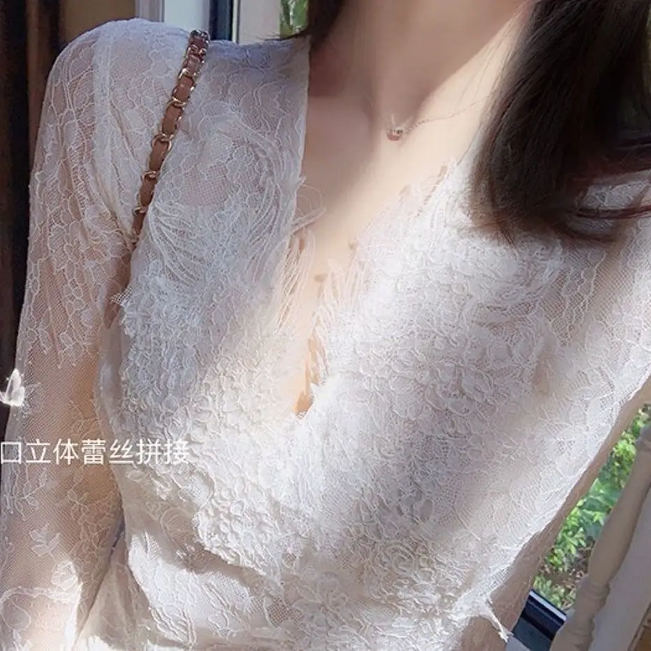 Seksowny, dekolt w szpic, przemysł ciężki, łączony koronkowy sweter damski, nowy temperament, wszechstronny top z długim rękawem