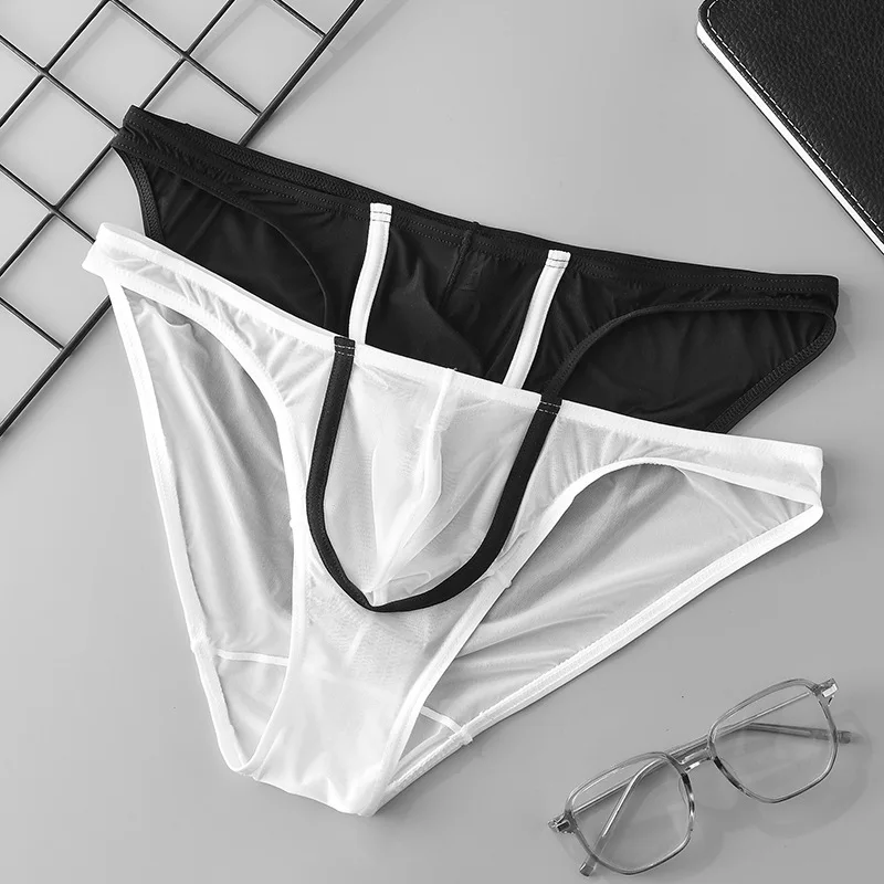 Men Ultra‑thin Ice Silk Briefs, Semi‑Sheer Mesh U‑Pouch Low‑rise Stretch Triangle Underwear