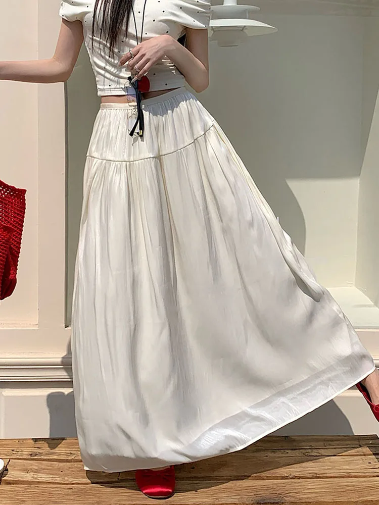 Fashion Elegant Long Skirt Women Spring Summer Chic Office Lady A Line Skirts Female High Waist Korean Folds Loose Casual Skirt - view 6