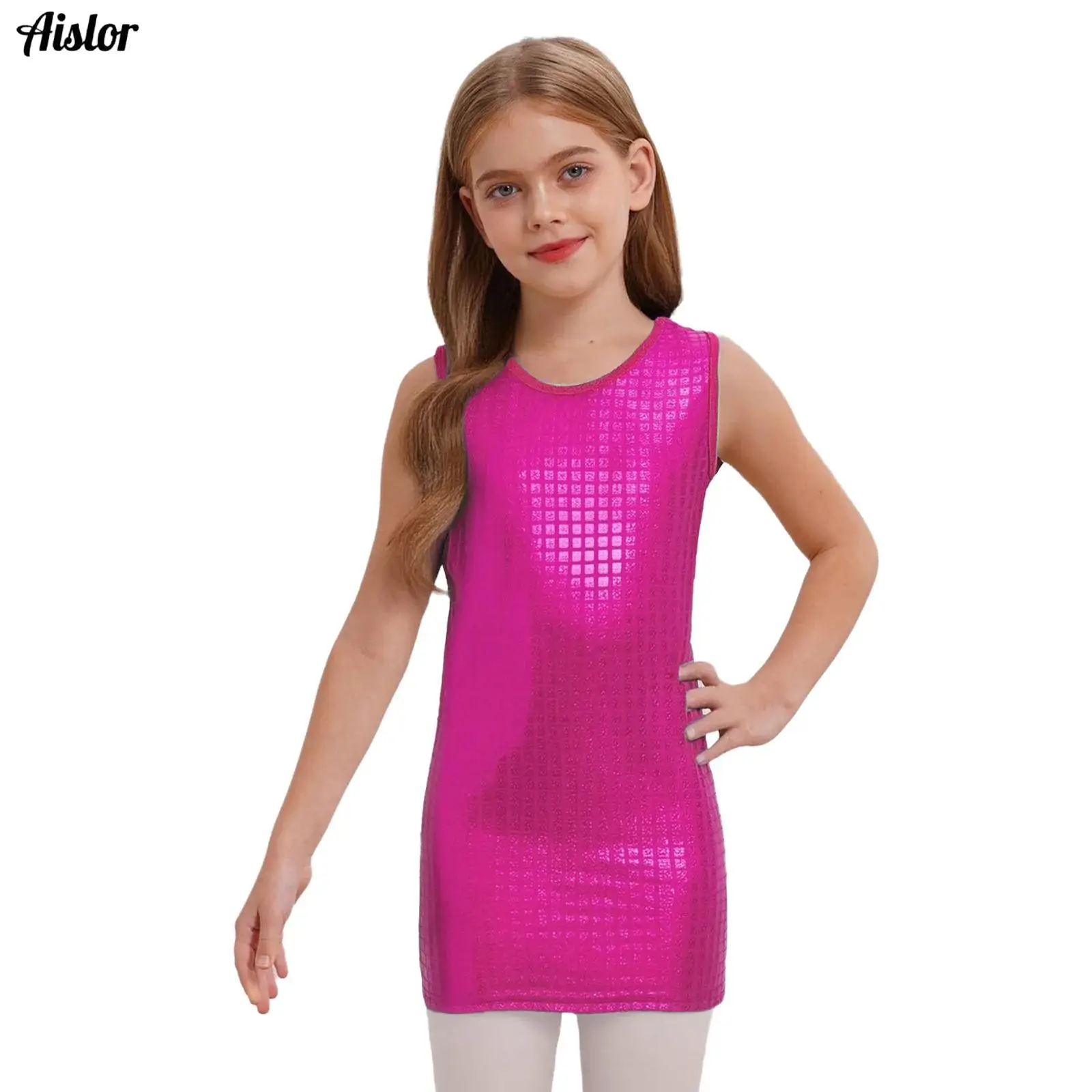 

Kids Girls Shiny Metallic Plaid Dance Dress Round Neck Sleeveless Tank Dress Ballroom Retro Disco Jazz Dance Performance Costume