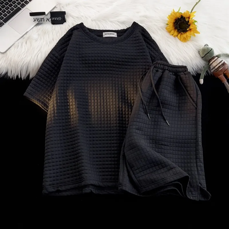 Summer round Neck Waffle Short Sleeve T-Shirt Unisex Loose Casual Sporty Two-Piece Set including Trendy Loose Fit Shorts