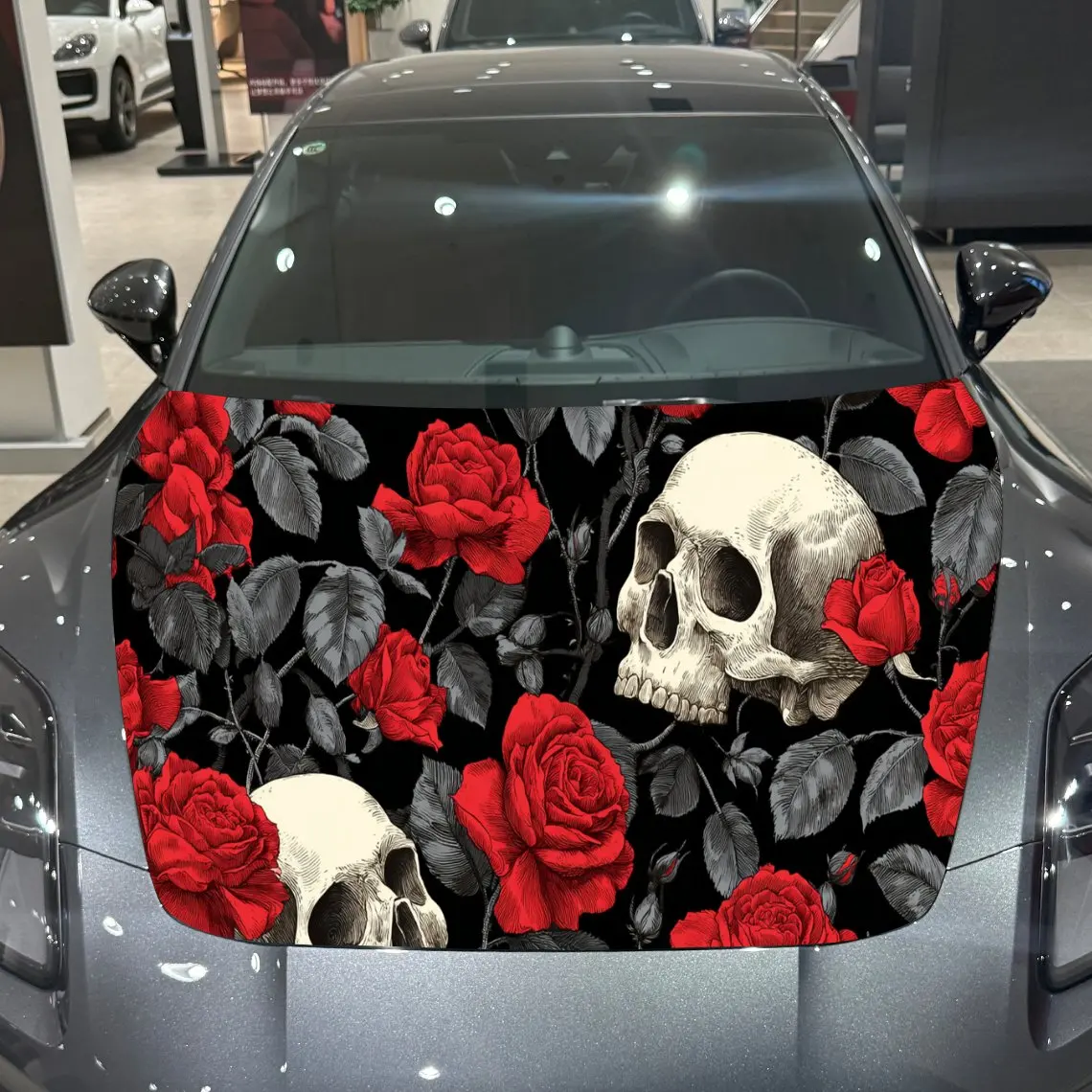 

Red Rose, White Skull Car Hood Vinyl Stickers Car Surface Protection Decal Car Decoration Cover Vinyl Wraps Waterproof Self-adhe