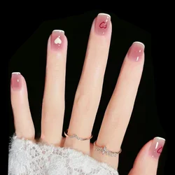 24Pcs Pink Love White Trim Short Wearable False Nails Removable French Press on Nail Tips Full Coverage Acrylic Fake Nails Art