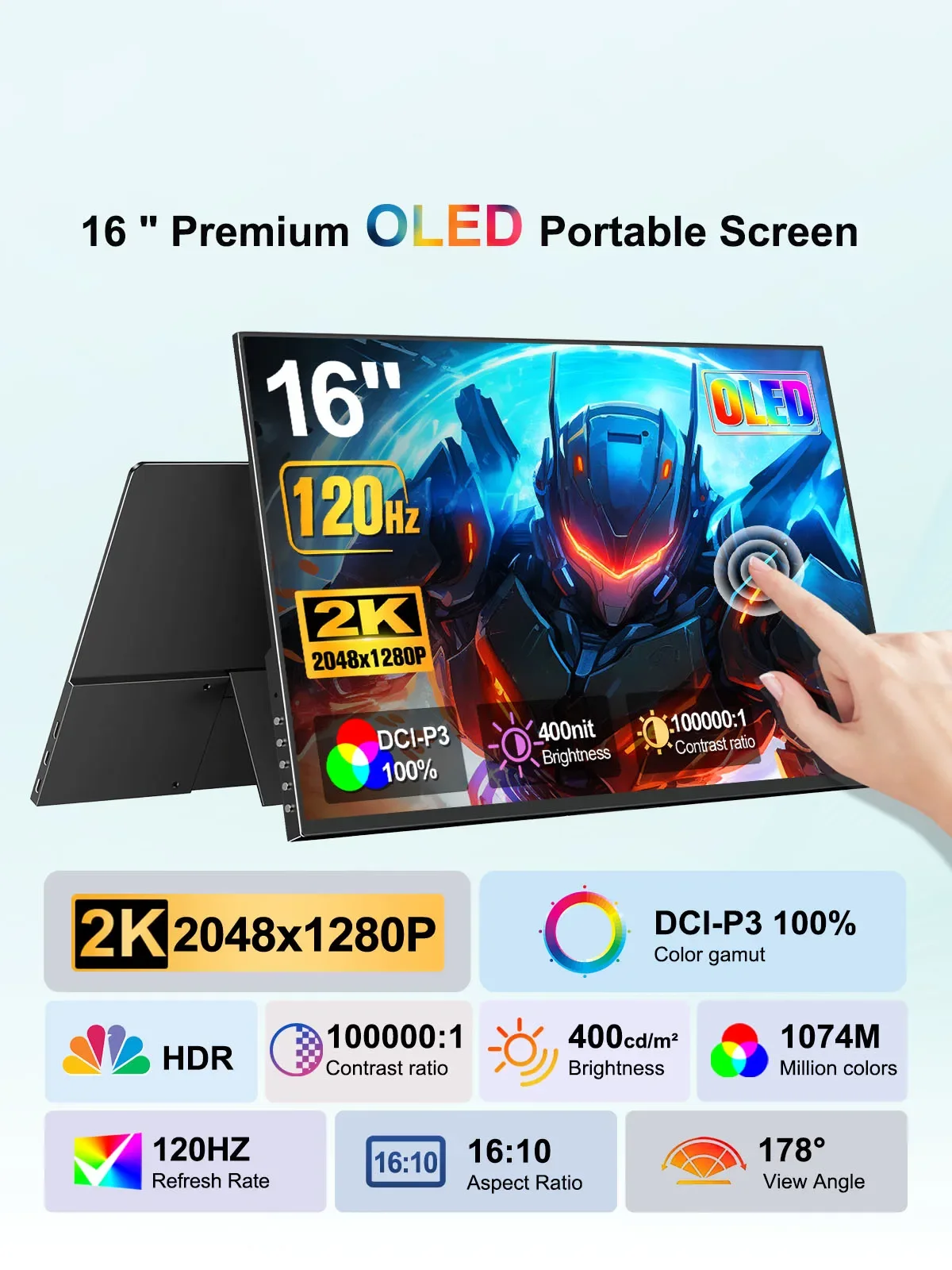16.0 Inch 2K OLED Touch Screen Portable Monitor 550Nit USB-C HDMI-Compatible External Gaming Monitor for Xbox Switch Laptop