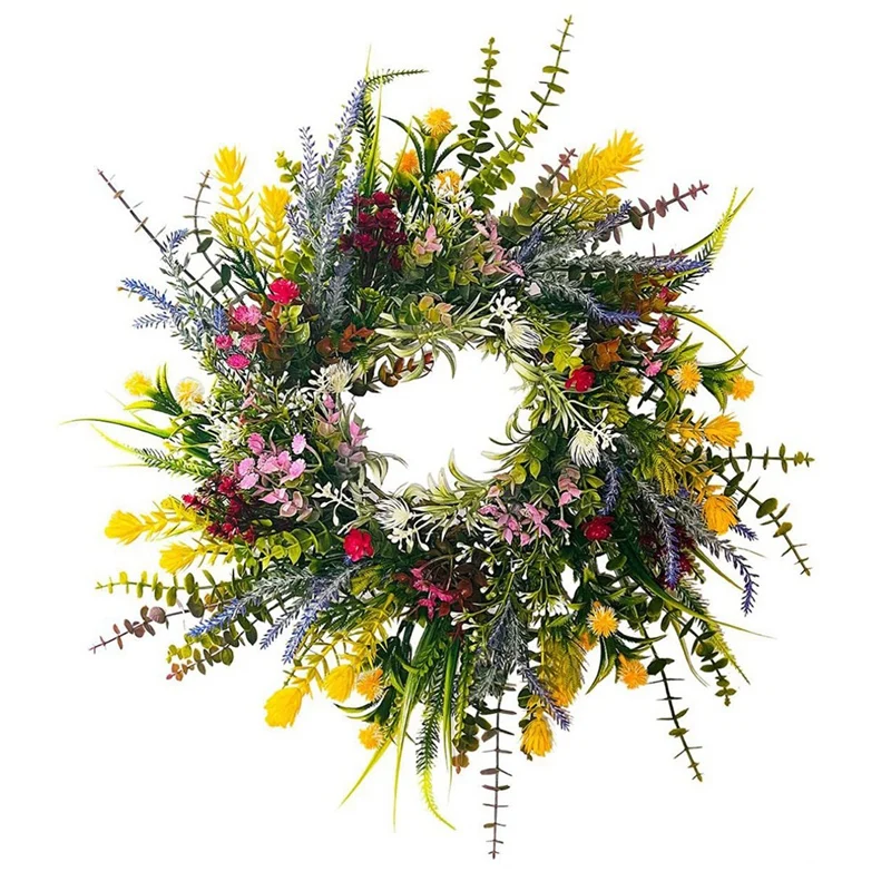 1 PCS Spring Wreaths For Front Door Weatherproof Greenery All Seasons Round Wreaths 18In Outside Welcome Summer Flowers