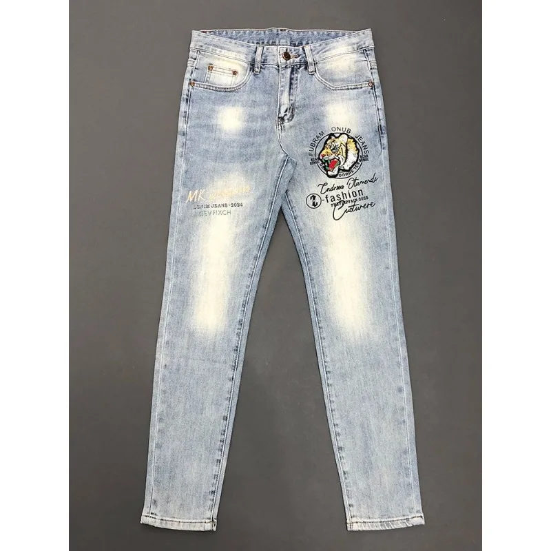 Herrenbekleidung Frühling und Herbst Tigerkopf bestickte Jeans Modische hübsche Slim Fit Stretch Bein hochwertige Y2K-Jeans