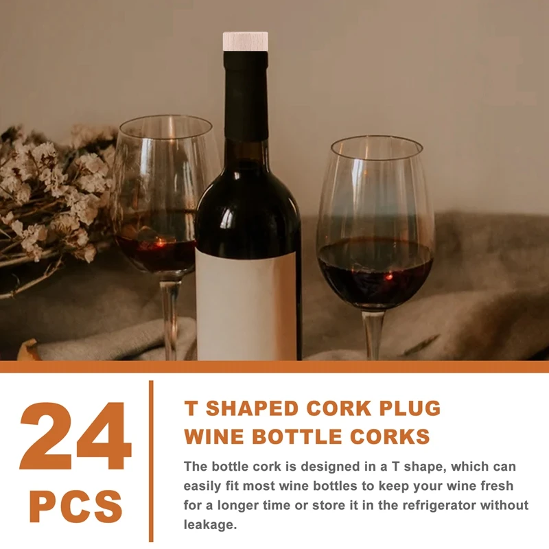 24Pc Wine Bottle Corks T Shaped Cork Plugs For Wine Cork Wine Stopper Reusable Wine Corks Wooden And Rubber Wine Stopper