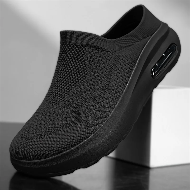 Men Blue Breathable Knit Backless Mule Slippers Air Cushion Platform Thick Sole Slip on Outdoor Casual Walking Slide Sandals