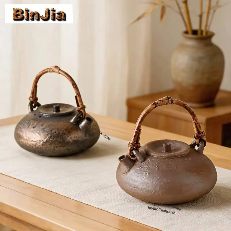 

600ml Crude Pottery Teng Yan Hoop Handle Boiling Water Kettle Large Capacity Tea Maker Pot Yellow Rice Wine Kettle Tea Items