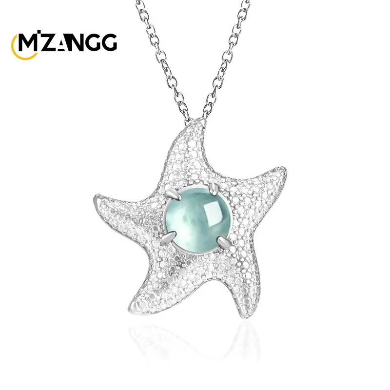 

Natural A-goods Jadeite Blue Water Starfish Pendant S925 Silver Inlaid Fashion Exquisite Charm Ice Jade Necklace Ladies Gift