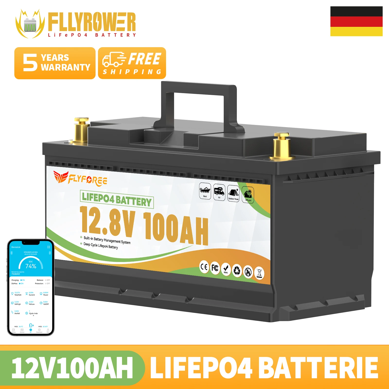 FLLYROWTH 12 فولت 100 أمبير LiFePo4 بطارية ليثيوم حزمة 100A BMS لمحركات القوارب RV العاكس الرياح الشمسية بطارية ليثيوم فوسفات الحديد