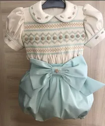 0-4Y Girl Summer White Green Smocked Outfit Suit