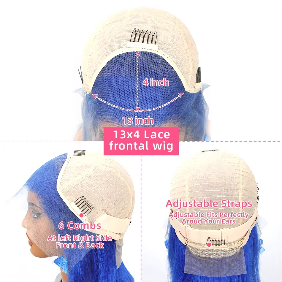 Wig lurus depan renda biru ketebalan tinggi 200 Wig Bob pendek rambut manusia 100% 13x4 Wig renda Frontal transparan untuk wanita