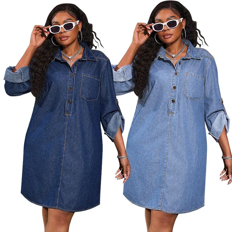 

Women Dresses Denim Dress Solid Pocket Button Turn Down Collar Long Sleeves Knee Length Single Breasted Loose Casual 2026 Summer