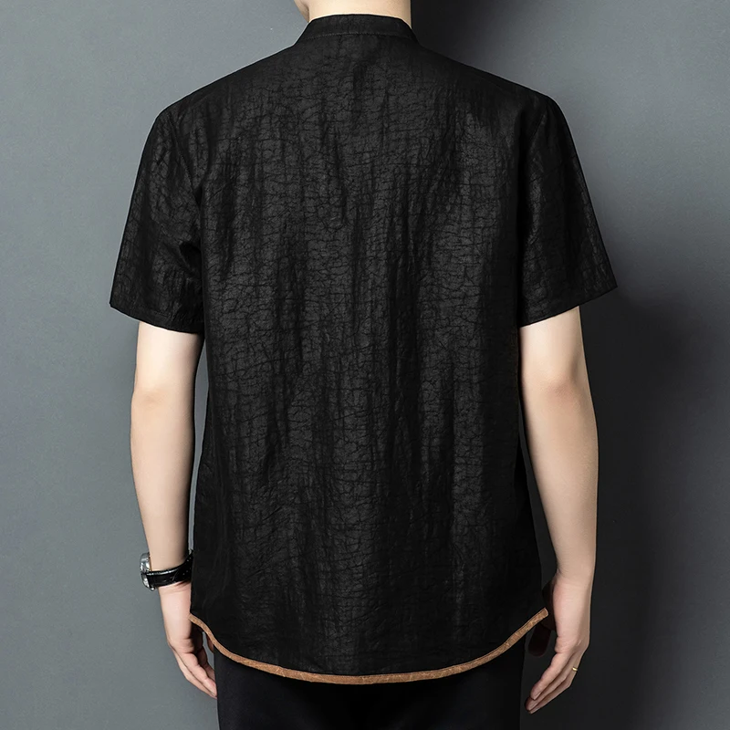 G6068 Silk 100% Shirts For Men Short Sleeve Patchwork Pocket Cool Summer Quality Gambiered Canton Gauze Casual Camisas De Hombre