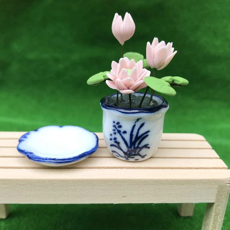 

1:12 Mini Ceramic Pot Pink Lotus DIY Handmade Dollhouse Small Potted Plant Small Flowerpot Dollhouse Miniatures Scene Decoration