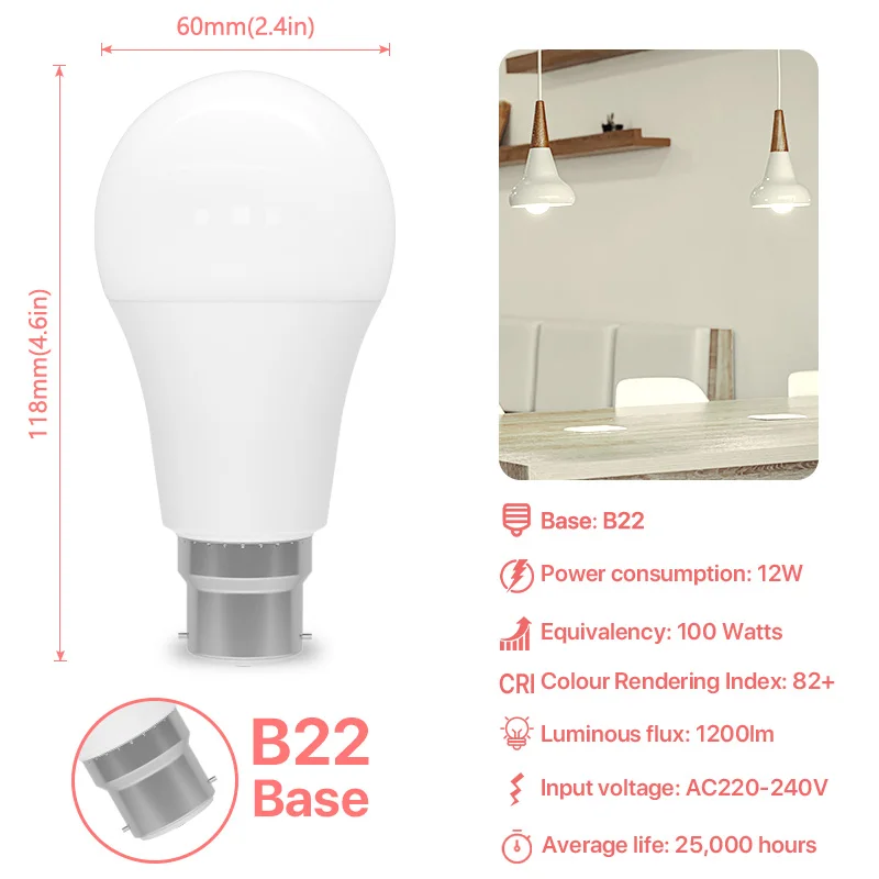 Żarówki Led B22 Bagnet 220V 100W Odpowiednik 3000K 6500K 12W 1200lm Żarówki LED, BC GLS Energooszczędne, niezaciemnialne opakowanie 6 sztuk