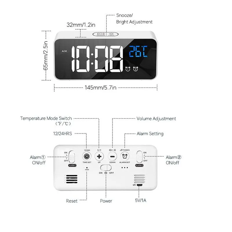 Rechargeable Digital Alarm Clock TEMP 2 Alarms Snooze Night Mode Voice Control Table Clock Power Switch 12/24H Music LED Clock