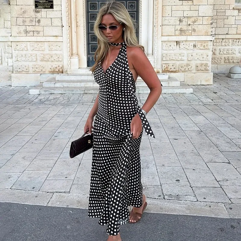 

Tuularose Black Polka Dot Long Dress Sexy Lace-up Ribbon Backless Vacation Dress Vintage High Waist Party Female Long Dresses