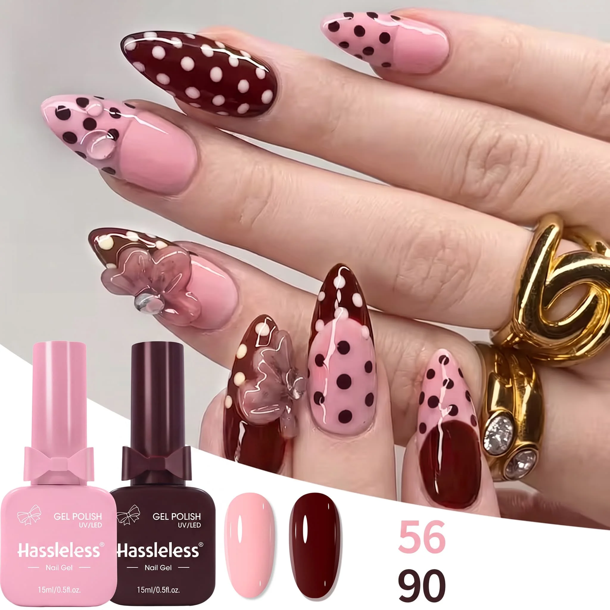 Hassleless 2-Piece Armor Gel Polish Set, 15ml Large Capacity Bottle, Soft Nude Pink Paired with Rich Vintage Deep Wine Red, Silky Smooth and Translucent with High Color Payoff, Sweet and Spicy Girly Style, Brightening Effect, Salon-Quality DIY Nail Art Set for Home Use