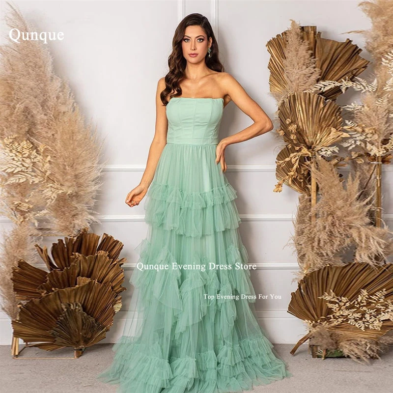 Qunque Long Mint Green Evening Dresses Tiered Strapless Tulle Guest Prom Gowns For Women Elegant Event Gowns Vestidos De Noche