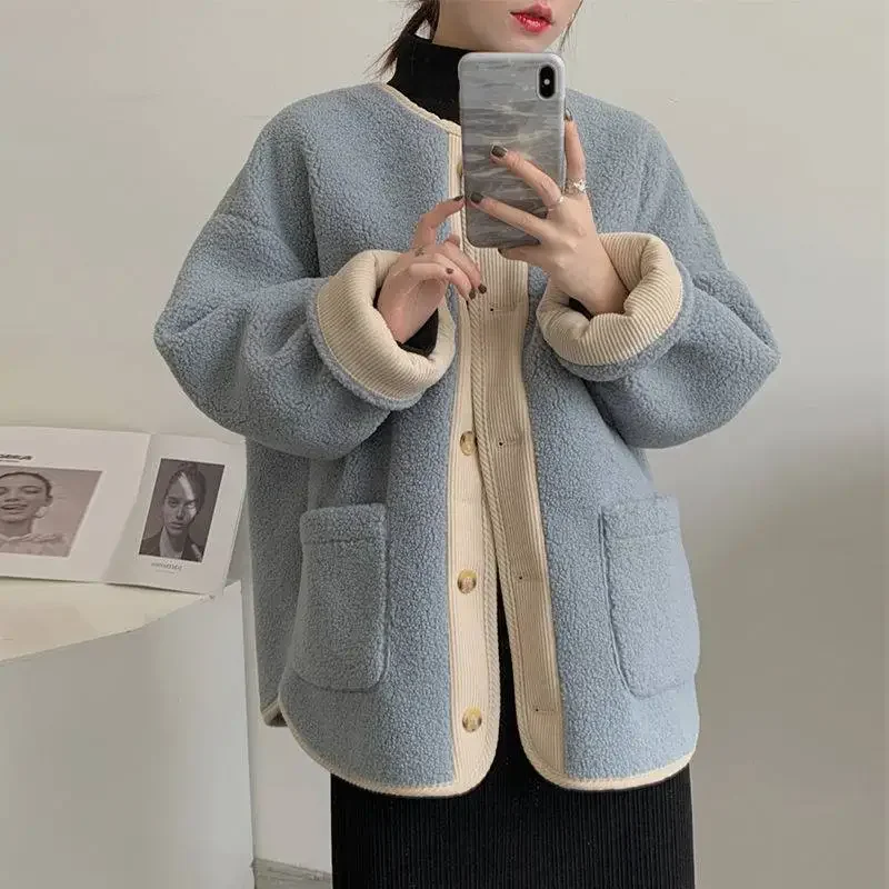 

Women's Vintage Lamb Wool Jacket Winter Korean O-neck Corduroy Patchwork Fleece Coat Female Casual Pocket Warm Loose Outerwear