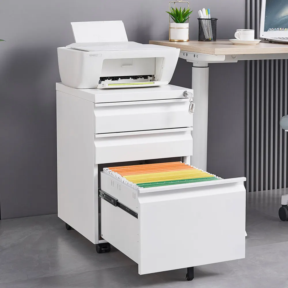 

3-Drawer Mobile Lockable File Cabinet (5 Wheels:2 Brakes+Anti-Tip), Cold Rolled Steel, Fully Assembled, Pen Tray & Hanging Bar,