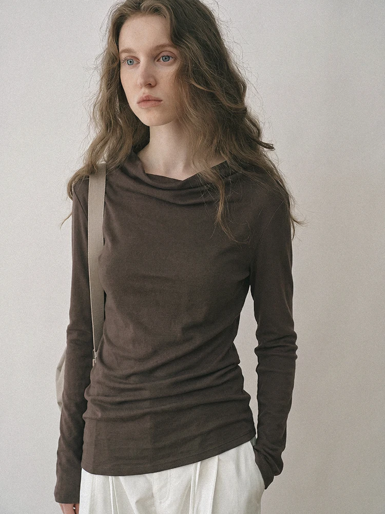 Relaxed Long Sleeve T-Shirt Women's Slim Fit Base Shirt Asymmetrical Hemline Casual Style Cotton Polyester Linen Blend Top