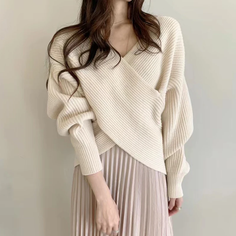 Women\'s Long Sleeves Knitted Sweater Crossover Design V-Neck Solid Color Casual Bottoming Shirt Fashion All-match Crop Tops