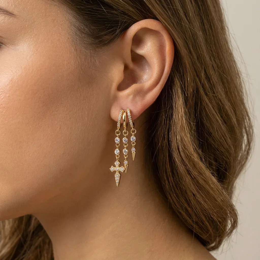1pc Boho Crystal Tiny Hoop Earrings for Women Luxury Zirconia Star Moon Cross Pendants Ear Piercing Jewelry Accessories Gift