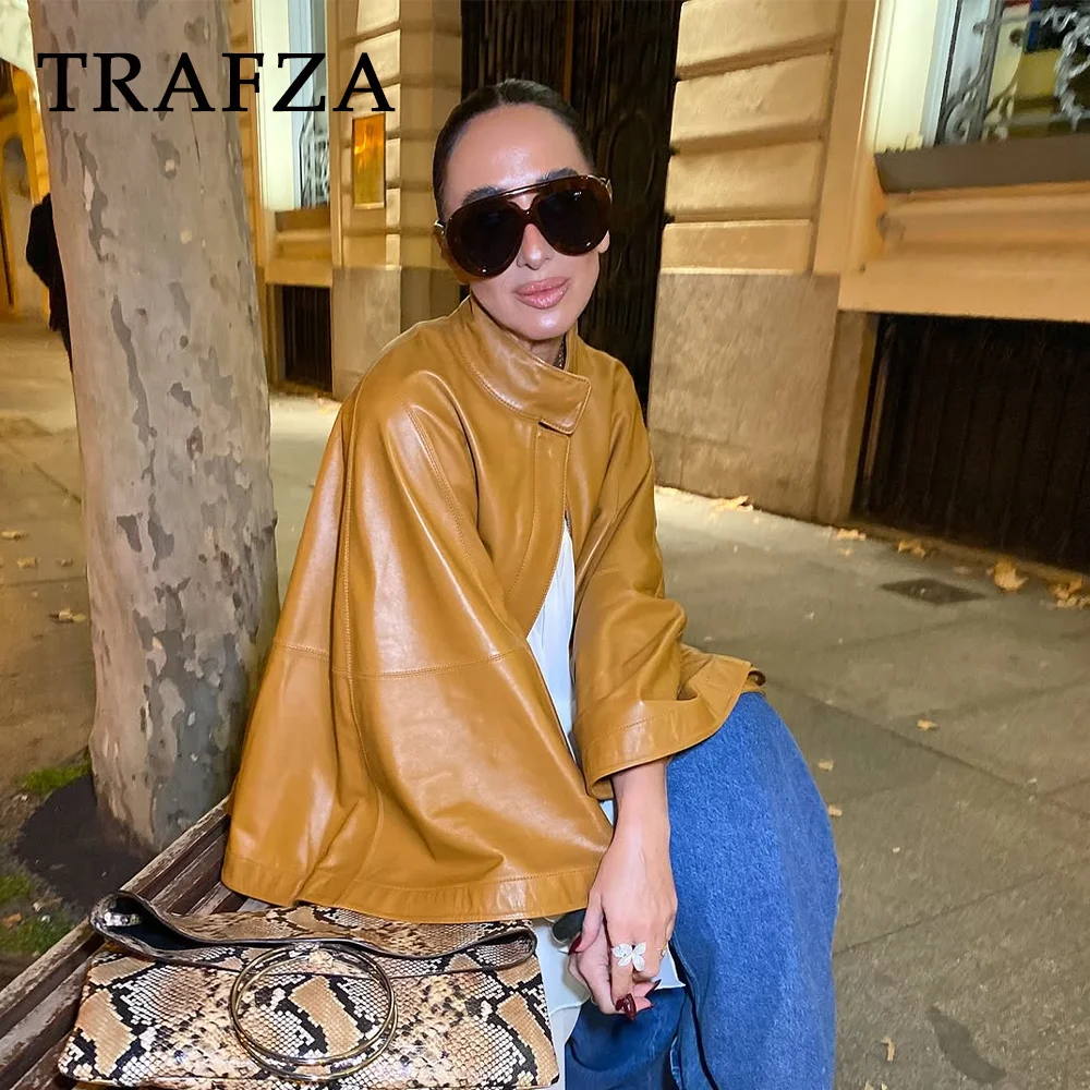 TRAFZA 2025 Spring Summer Faux Leather Women Cape Jackets Fashion Streetwear Button Up Collar Solid Zipper Loose Ladies Coats