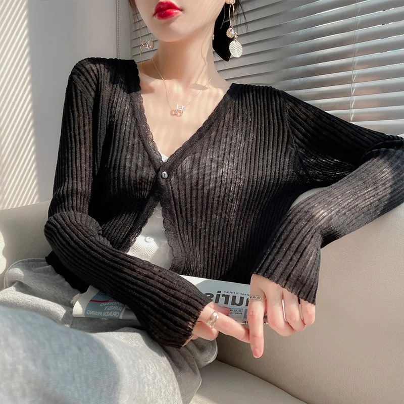 

Sun Protection Knitted Open Cardigan Ultra Beautiful Fairy Lady's awl Top Summer Thin Cover up Long Sve Air Conditioner ...