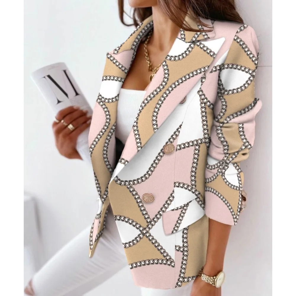 Autumn And Winter Long Sleeved Double Breasted Casual Printed Women's Suit Slim Fit Woolen Blazer Feminino Elegante Ropa Dama