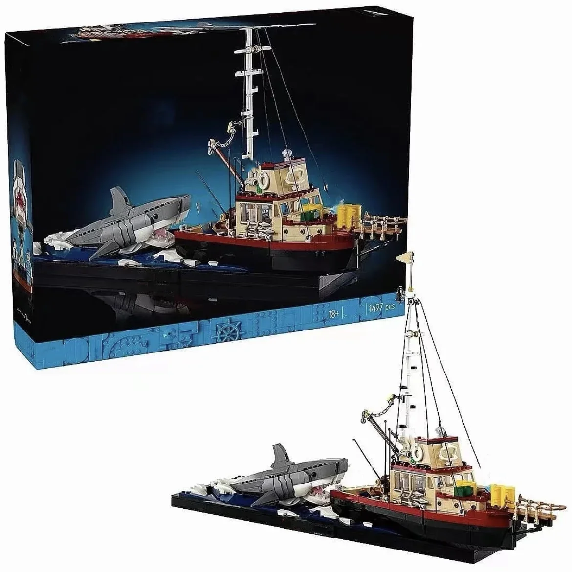 

1491PCS Ideas 21350 Jaws Diorama White Shark Model Building Blocks Set Creative Sea Fishing Boat Bricks Toy For Children