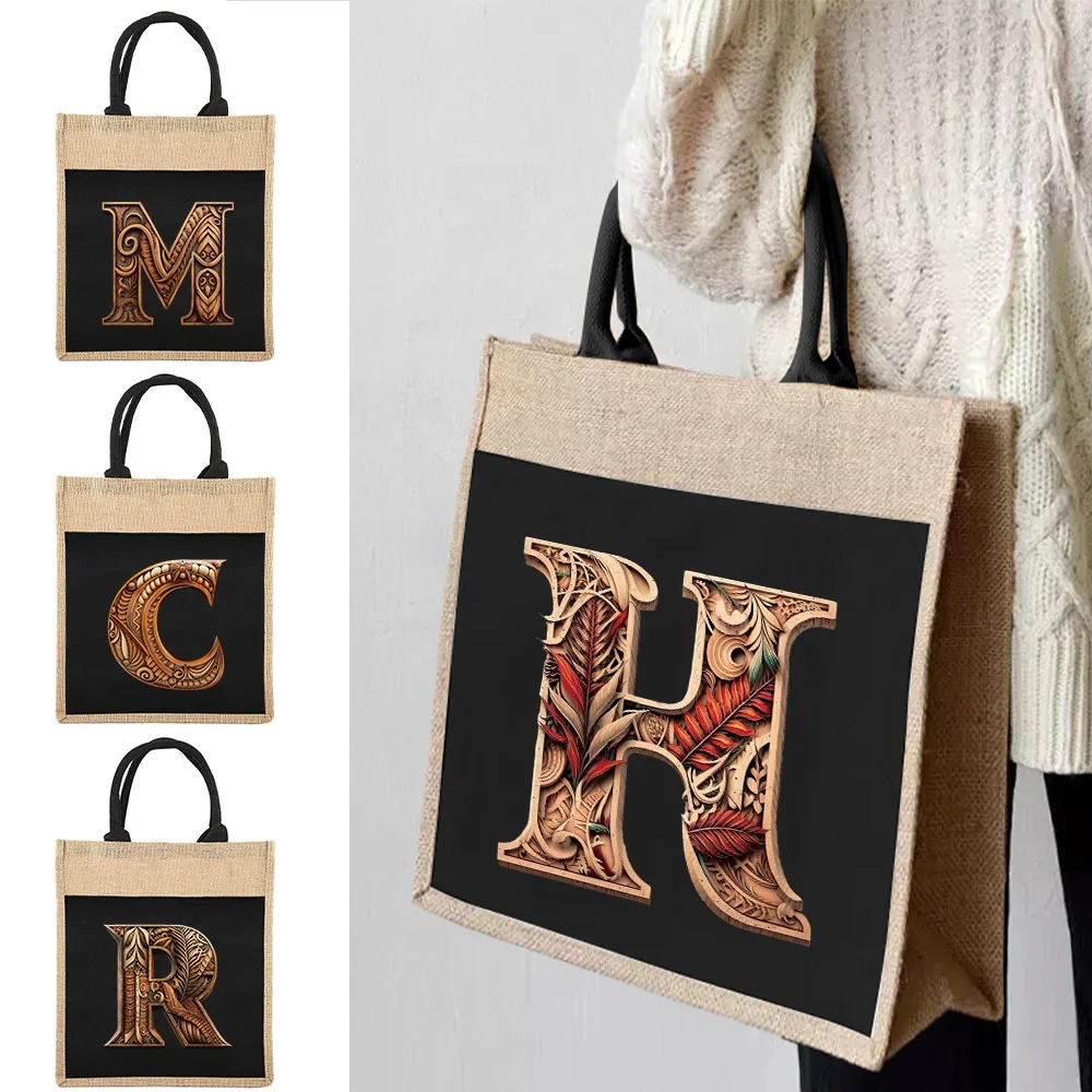 Women's Tote Large Capacity Shopping Bag Linen Tote Bag Reusable Wood Art Letter Letter Pattern Supermarket Grocery Storage Bag