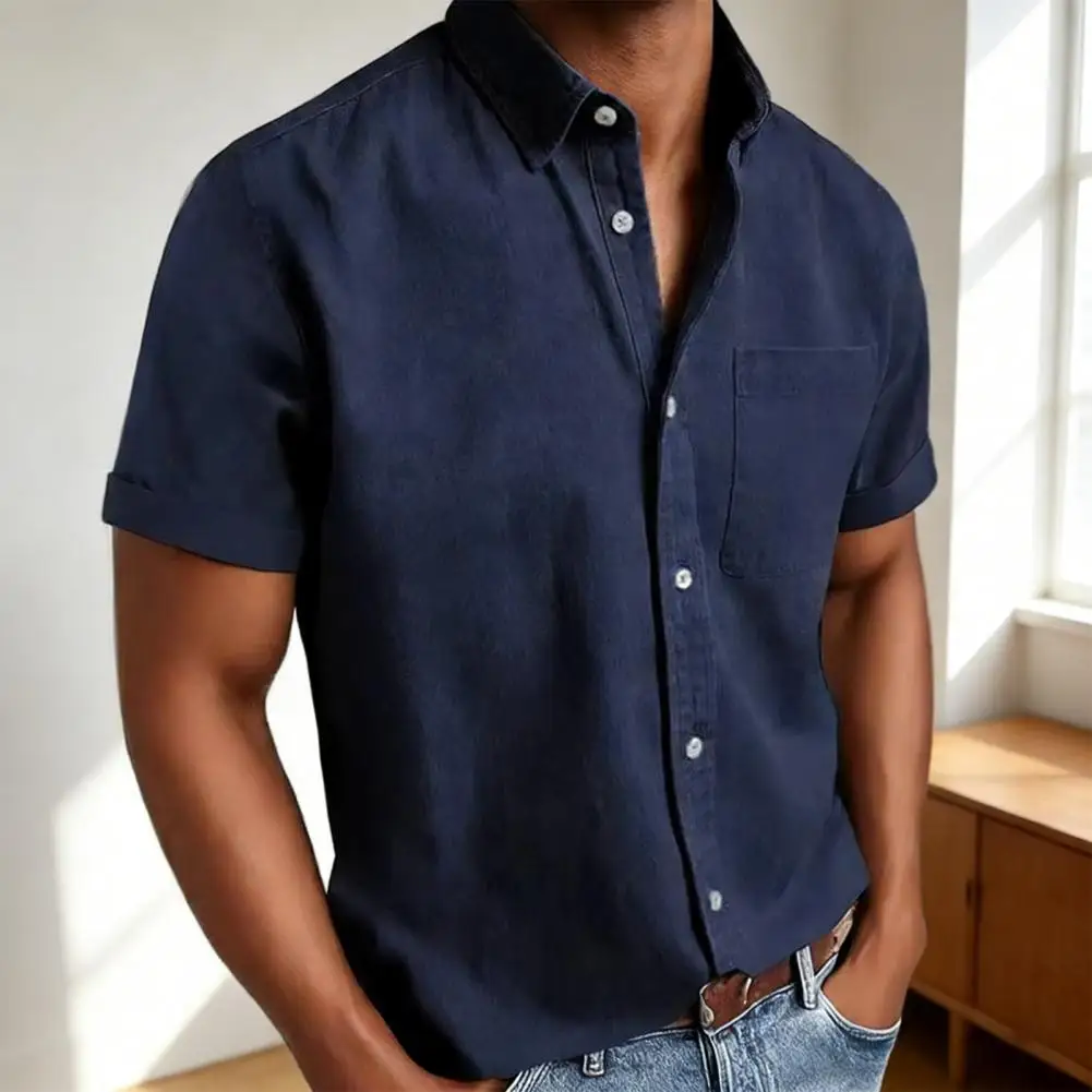 

Мужская рубашка из полиэстера, дышащая, винтажная, на пуговицах, с карманом, с коротким рукавом, летняя, хлопковая, для мужчин