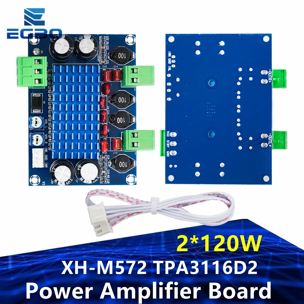 1~3PCS EGBO High Power Digital HIFI Power Amplifier Board 2*120W XH-M572 TPA3116D2 Chassis Dedicated Plug-in Input 5V 24V 28V