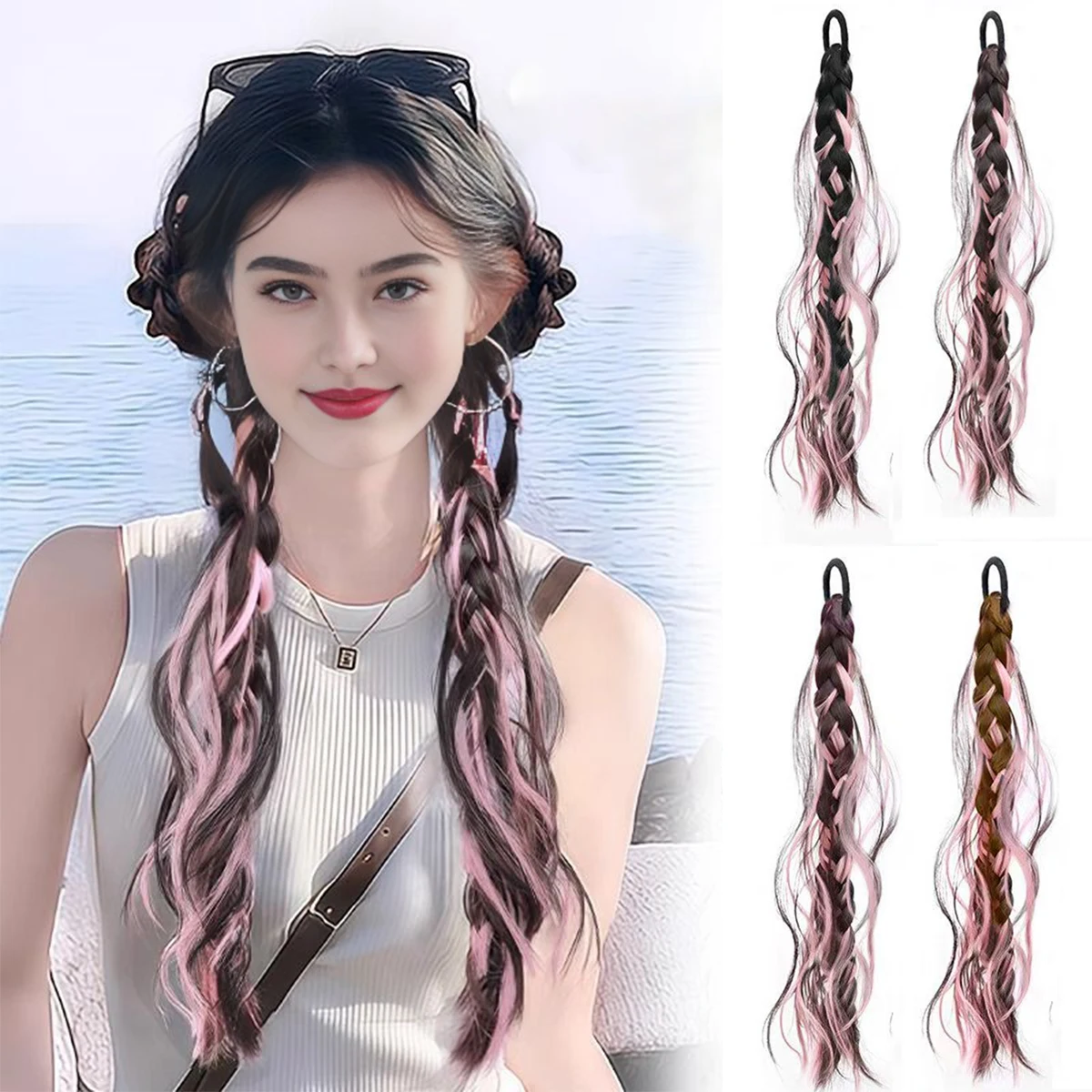 

Synthetic messy highlighting pink ponytail wig rubber band wearing woman fake ponytail hair extension DIY