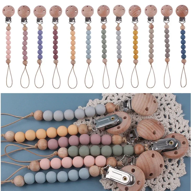 Safety Wooden Baby Infant Toddler Dummy Pacifier Silicone Soother Nipple Clip Chain Holder Strap for Baby Chew Teether Teething