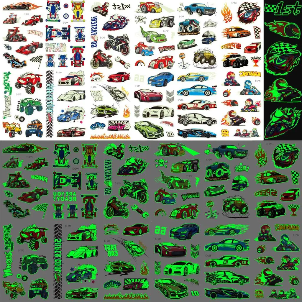 

Luminous Cartoon Sports Car Temporary Tattoos For Boys Teens Glow In Dark Car Racing Fake Tattoo Stickers Child Arm Buggy Tatoos