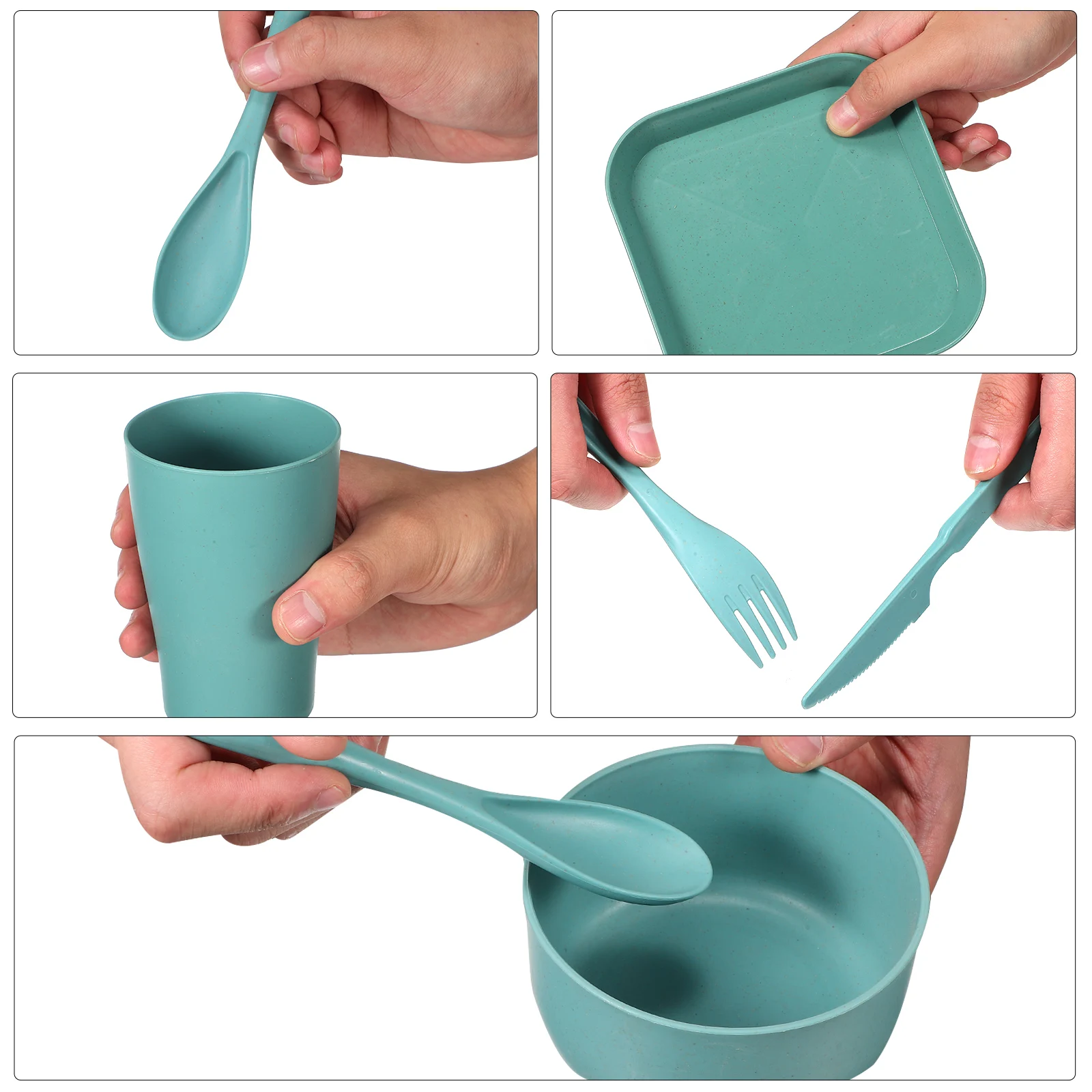 

1 set Straw Tableware Set Unbreakable Reusable Travel Cutlery Set Bowl Plate Cup Spoon Fork Knife Easy Carry Green Color