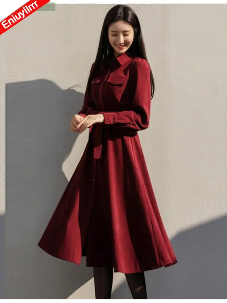 Vestido camisero Retro de Corea para mujer, elegante vestido femenino de manga larga con cordones para oficina