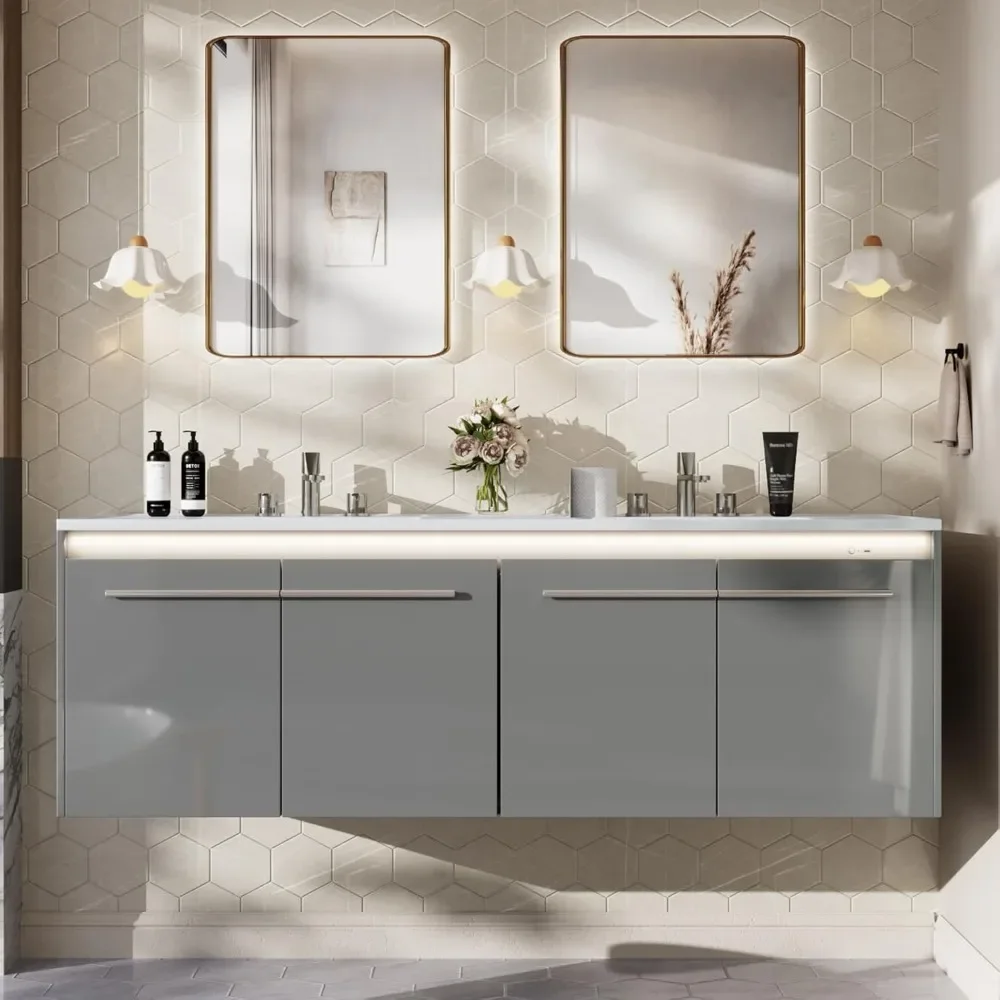 Floating BathroomVanity , Metal Handles & Soft Closing Doors, Modern High Gloss Wall Mounted Bathroom Storage Cabinet