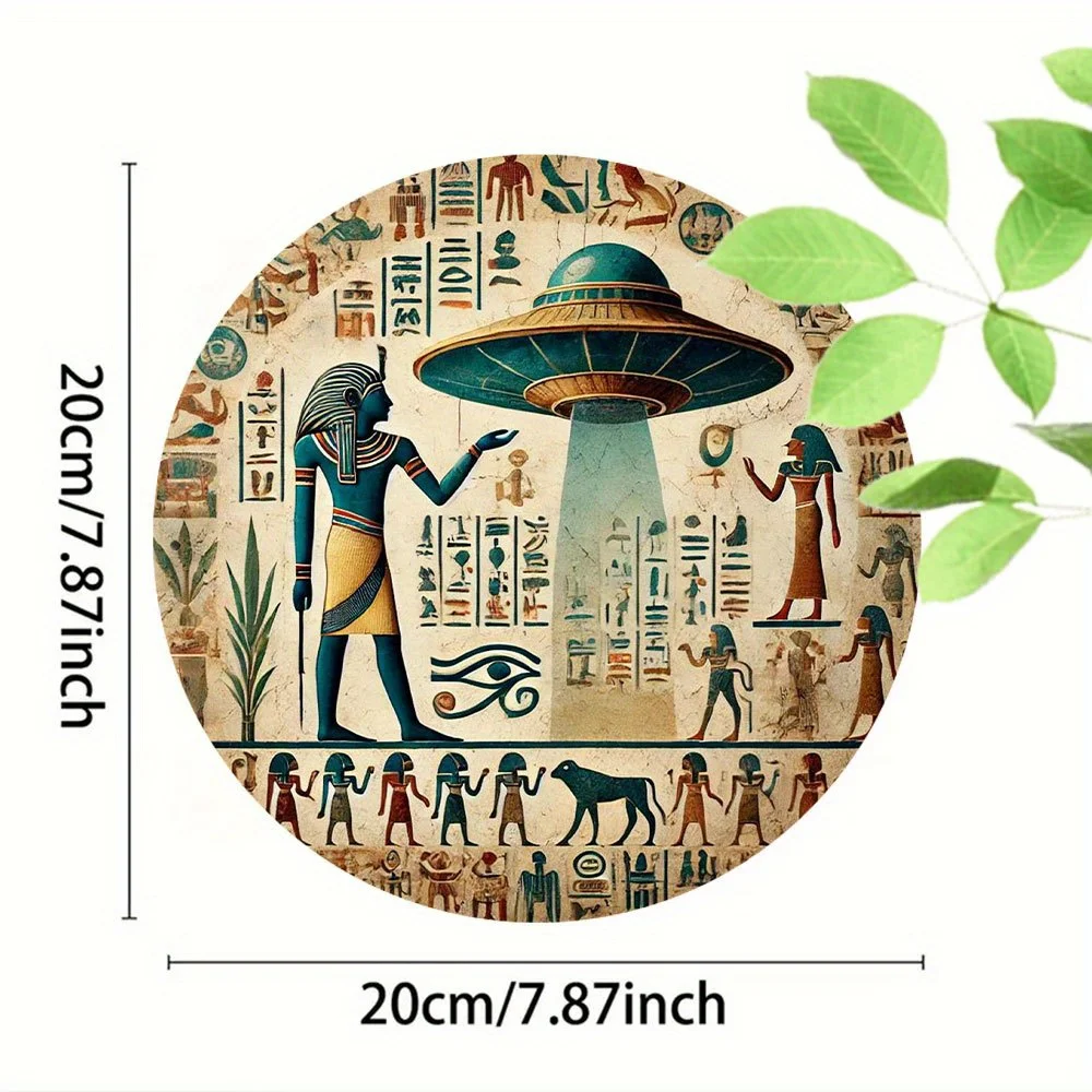 2D Flat Design, 1pc Egyptian Hieroglyphs and UFO Metal Wall Decor—Vintage Round Sign, Suitable for Home, Office, Cafe,